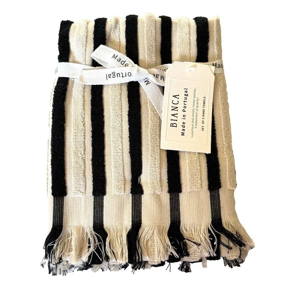Bianca Hand Towels Set of 2 Luxury Ivory Black Stripe Made in Portugal Textured